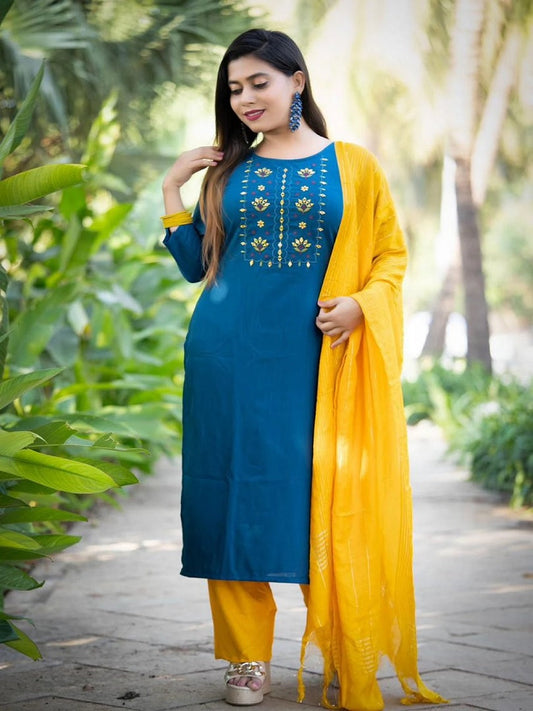 Rayon Slub Embroidery Work Salwar Kameez With Dupatta