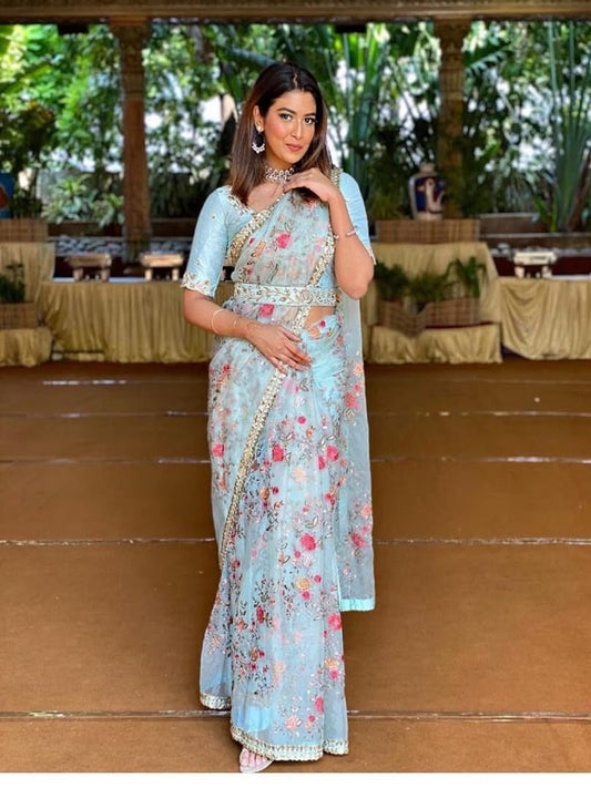 Sky Blue Color Khadi Organza With Floral And Sequence Work Saree