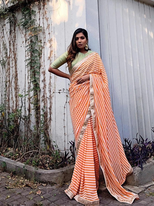Orange & White Printed Georgette Saree