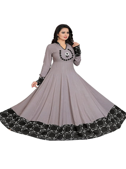 Grey Color Rayon Readymade Long Anarkali Kurti Gown Dress SV