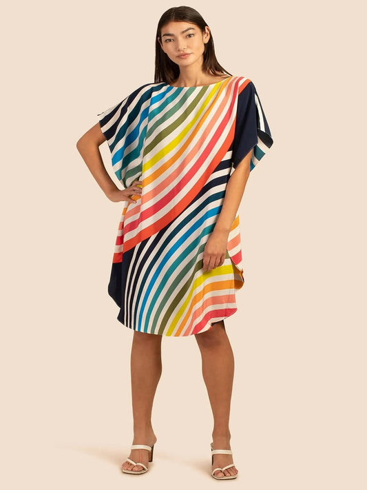 Rainbow Stripes Short Silk Crepe Kaftan J5675