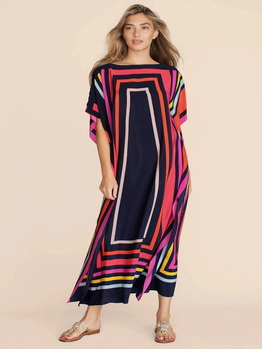 Calf Length Boat Neck Style Satin Silk Modest Wear Printed Kaftan J5625