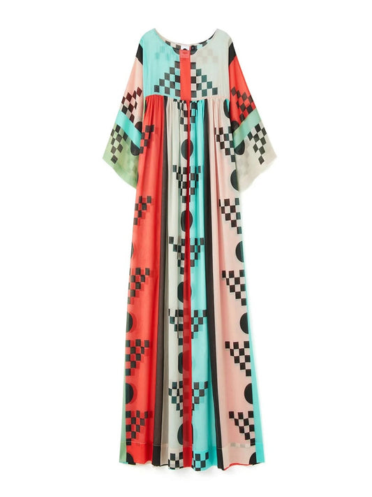 Geometric Multi Color Printed Casual Wear Poly Rayon Cotton Long Maxi Dress J5759