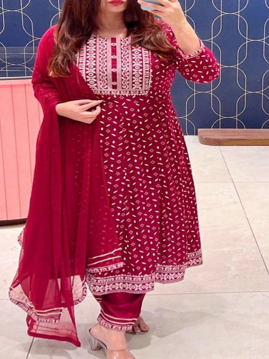 Embroidery Work Readymade Rayon Anarkali Kurti Pant with Chiffon Dupatta For Women 12-KN1