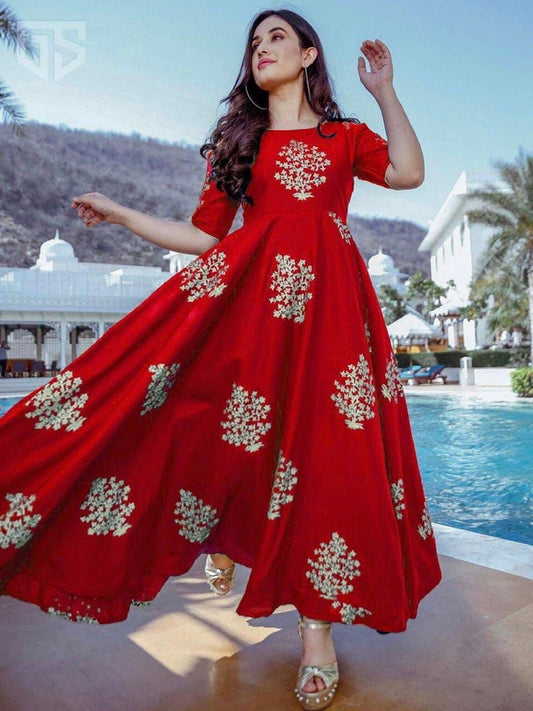 Women's Rayon Cotton Foil Print Casual Wear Kurti Gown 13-GT1