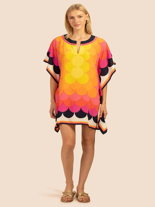 Stylish Beach Wear Colorful Circular Printed Women Silk Crepe Short Kaftan J5702