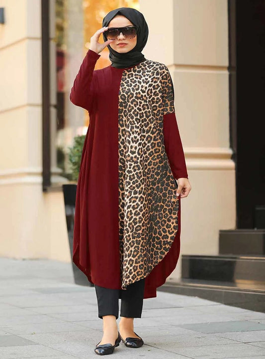 Casual Wear Organic Jersey Half Animal Printed Kaftan Abaya J5722