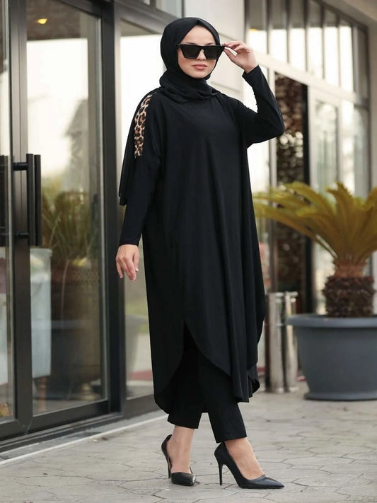 Jersey Women Casual Daily Wear Plain Black Flairs Tunic Abaya Dress J5728