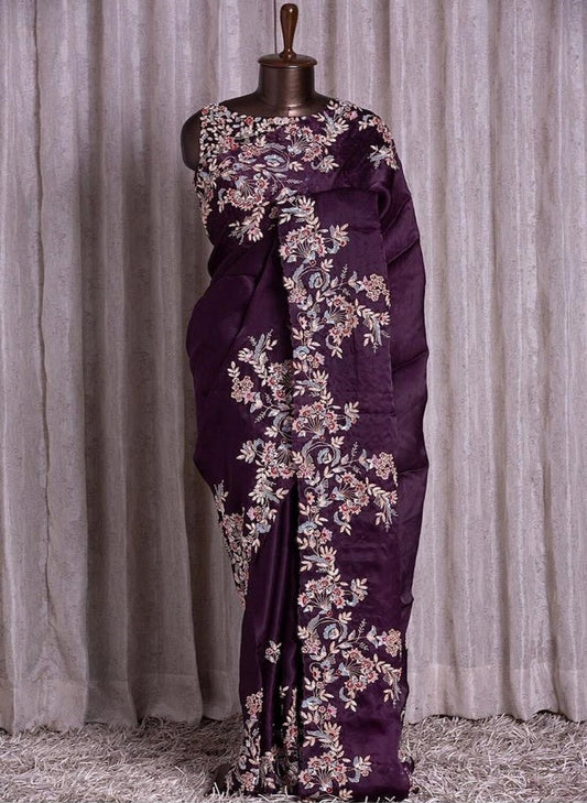 Eggplant Color Rangoli Silk Embroidery Work Saree