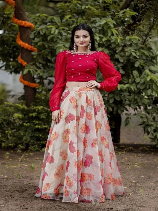 Women's Printed Georgette Full Sleeve Readymade Traditional Relaxed Crop Top Lehenga Choli KY