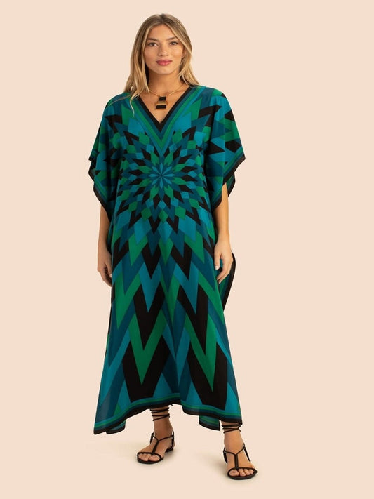 V Neck Printed Lounge Wear Soft Silk Crepe Kaftan J5765