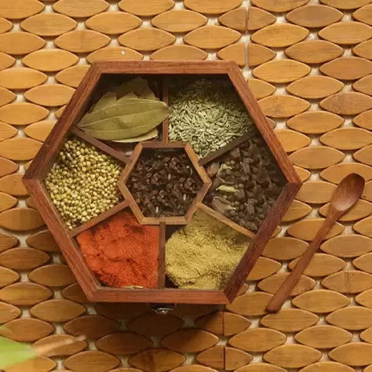 Hexagonal Spice Box With Spoon In Sheesham Wood (7 Partitions )