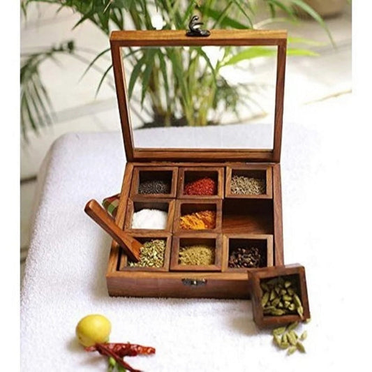 Spice Box with Spoon in Teak Wood Spice Box for Kitchen with Lid Decorative Masala Dabba Organizer 9 Containers