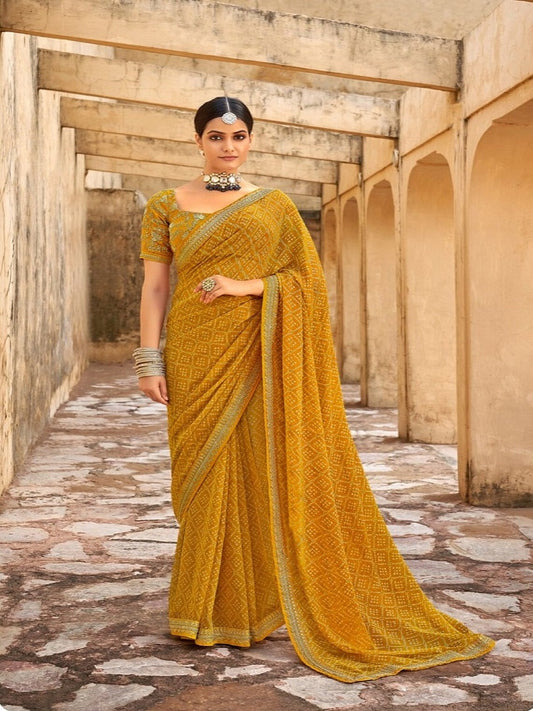 Georgette Bandhani Design Saree With Embroidery Lace Work