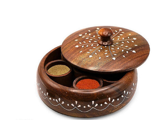 Round Wooden Masala Box, Anjarai Petti, Dry Fruit Box, Spices Box