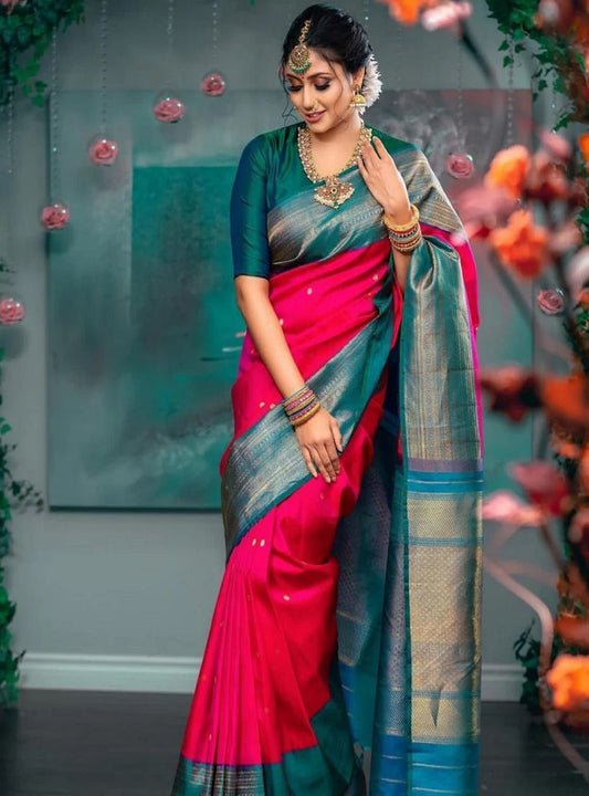 Pink Banarasi Soft Silk Saree And Unstitched Blouse