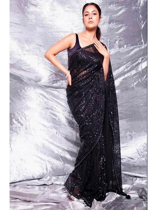 Black Color Heavy Net Sequence Work Saree