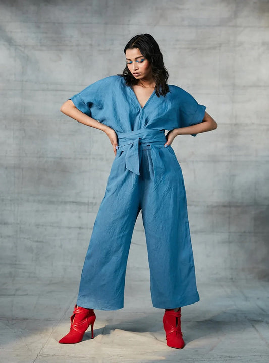Cornflower Blue Linen Jumpsuit For Women