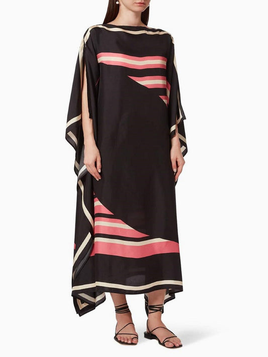 Women Digital Printed Striped Pattern Silk Crepe Kaftan (Free Size, Black) J5574