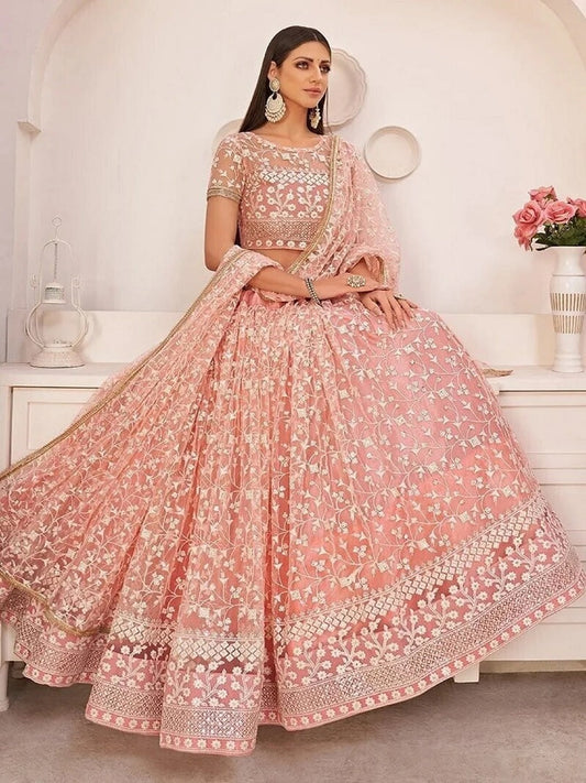 Peach Color Organza Lehenga Choli Embroidery Work Lengha Designer Chaniya Choli IN