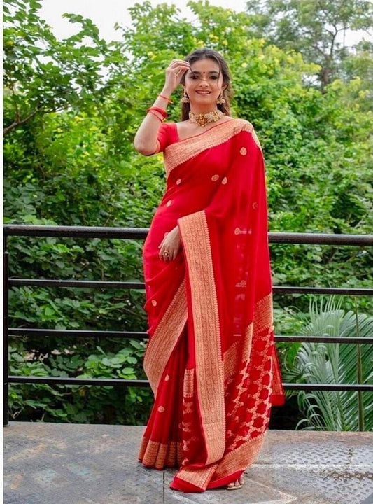 Red Soft Lichi Silk Saree And Blouse Wedding Wear Latest Sari Collection