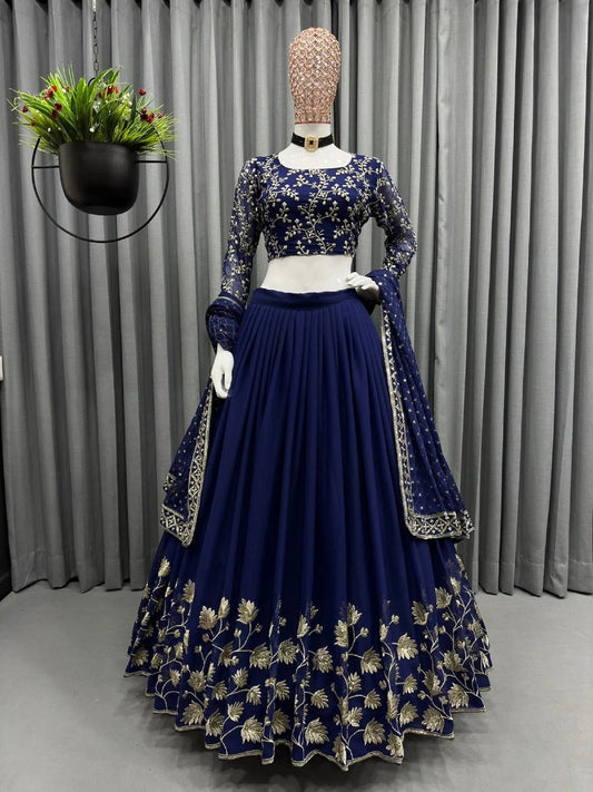 Navy Blue Georgette Lehenga Choli Embroidery Sequence Work Lengha Blouse Dupatta RTC