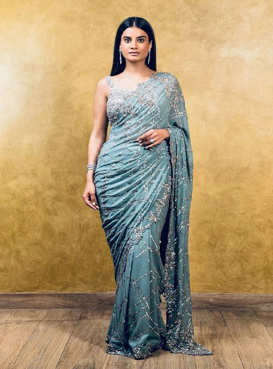 Sky Blue Georgette Sequence Embroidery With Cut Work Border Saree