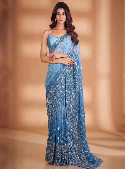 Sky Blue Soft Georgette Embroidery Sequence And Thread Work Saree