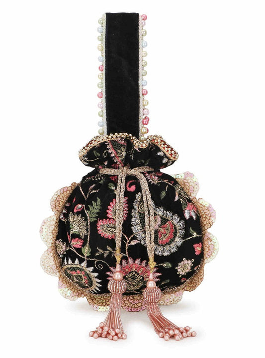 Black, Pink & Multi Velvet Floral Embroidered Potli bag