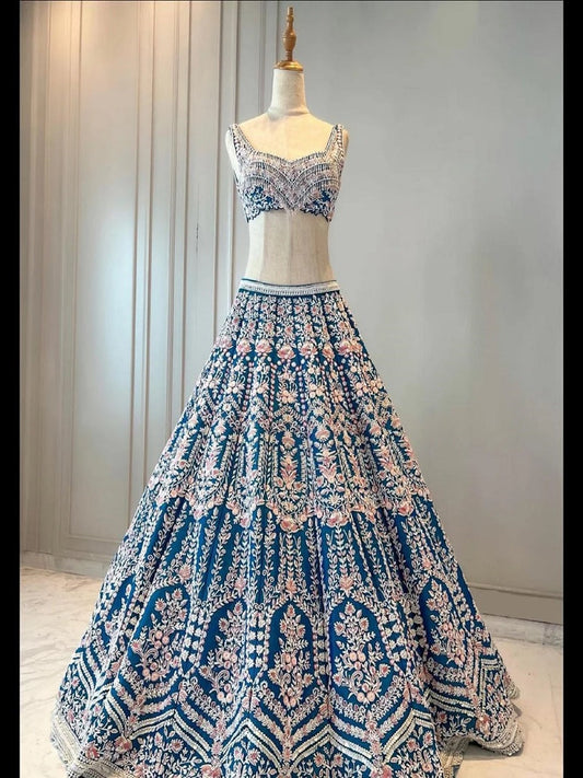 Sky Blue Color Bridal Wear Dress Silk Cording Work Lehenga Designer Chaniya Choli LG