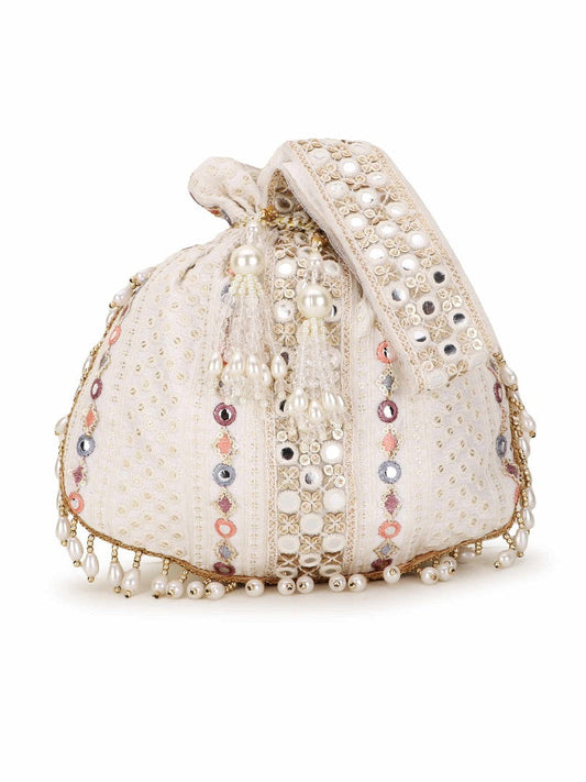 Off White, Gold & Multi Mirror Work Embellished Faux Silk Potli