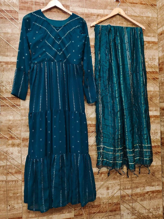 Women Georgette Stitched Gown Kurti With Attached Dupatta 13-SR2