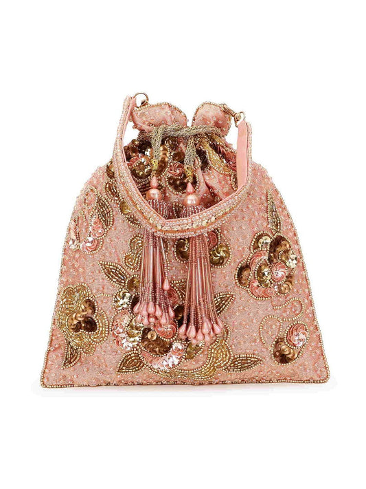Dusky Pink and Gold Floral Embellished Faux Silk Potli bag