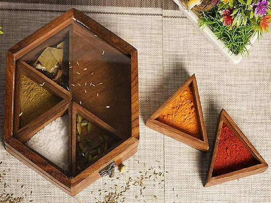 Teak Hexagon Wooden Spice Box - Kitchen Masala Box - Wooden Spice Storage Box - Dry Fruit Box