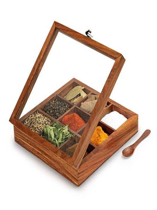 Wooden Beautiful And Useful 9 Partitions Masala Box / Masala Partitions / Storage Box / Square Masala Dani