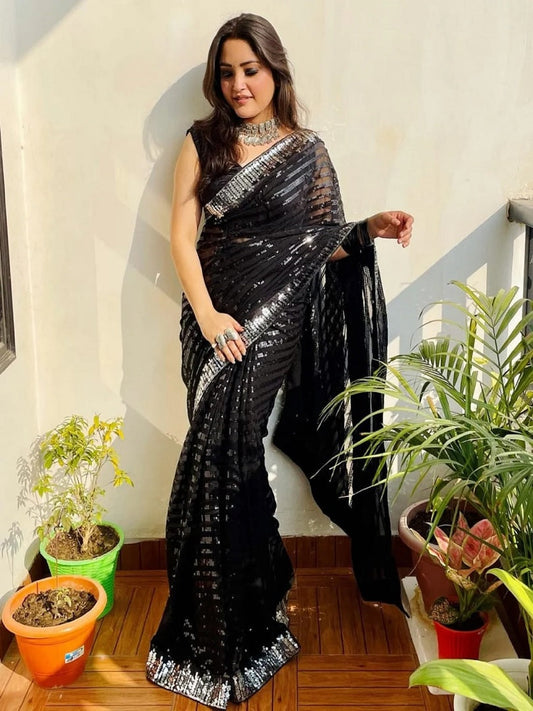 Black Georgette With Sequence Lace Work Saree