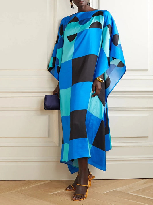 Latest Soft Silk Crepe Black And Blue Kaftan Tunic J5615