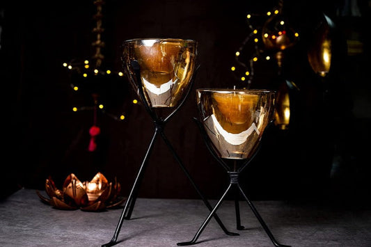 Tripod Decorative Metal & Glass Candle Holder | Set of 2