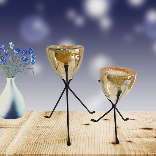 Tripod Decorative Metal & Glass Candle Holder | Set of 2