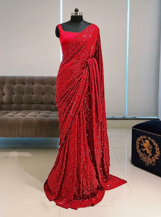 Red Georgette with Embroidery Sequence Design Work Saree