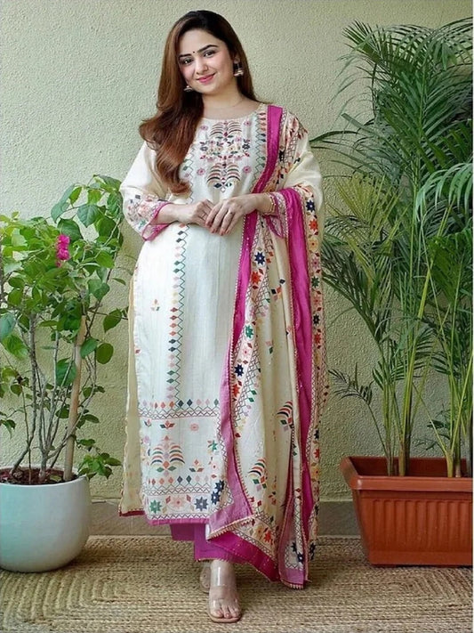 Women White Muslin Ethnic Printed Kurti with Bottom Dupatta Suit AD