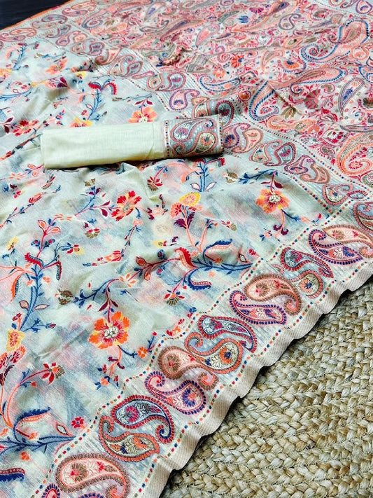 Off White Kashmiri Thread Weaving Pure Zari Work Saree