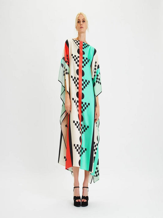 Geometric Printed Style Satin Silk Kaftan J5650