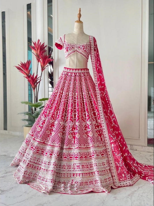 Women Pink Semi Stitched Tafeta Silk Lehenga Choli Wedding Bridal Lengha LG