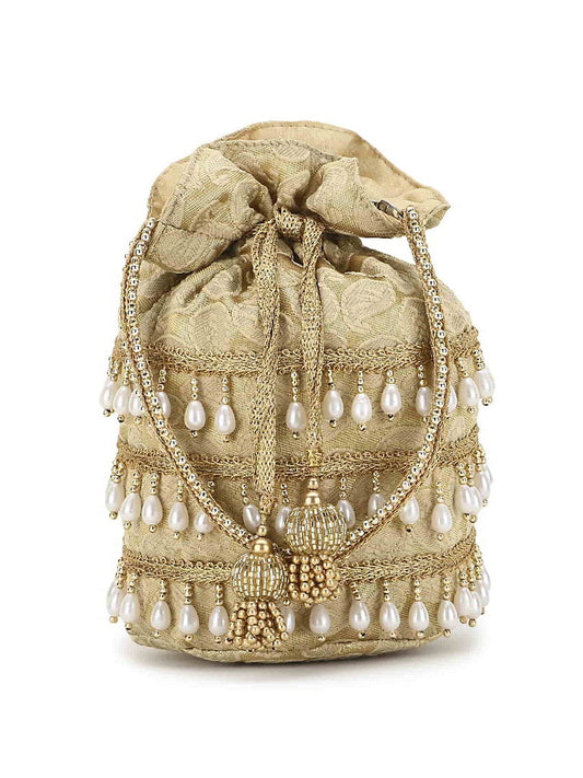 Gold & White Paisely Printed Embellished Brocade Potli Bag