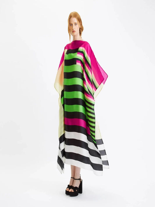 Striped Printed Organza Silk Women Party Wear Kaftan J5784