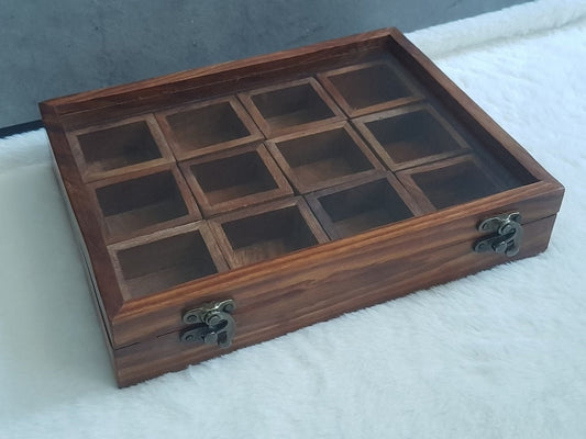 Wooden Multi-Compartment Storage Box Multipurpose Table Top Glass Lid on Top Box Spice box Dry Fruit Box