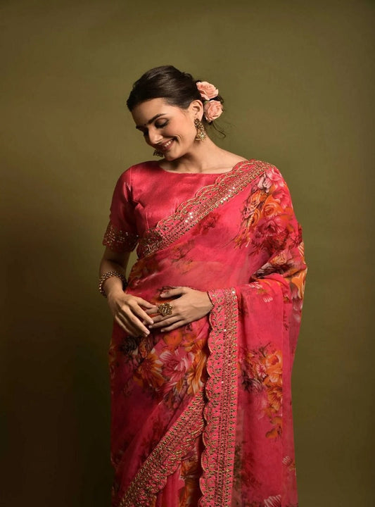 Soft Chiffon With Flower Print Sequence Work Saree