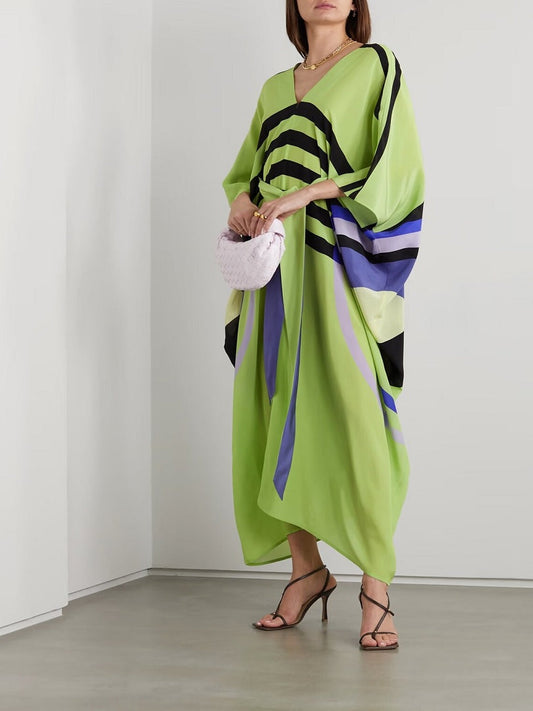 Lounge Wear V-Neck Belt Style Soft Silk Crepe Printed Kaftan J5695