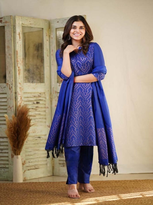 Copper Zari Weaving Silk Salwar Kameez With  Dupatta